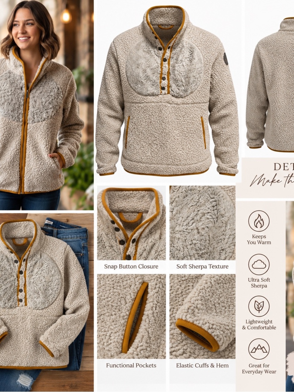 Cozy Sherpa Pullover Jacket - Taupe with Mustard Trim